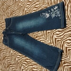 Faded Glory Dark Blue Flare Jeans with White Embroidery For Girls 5T